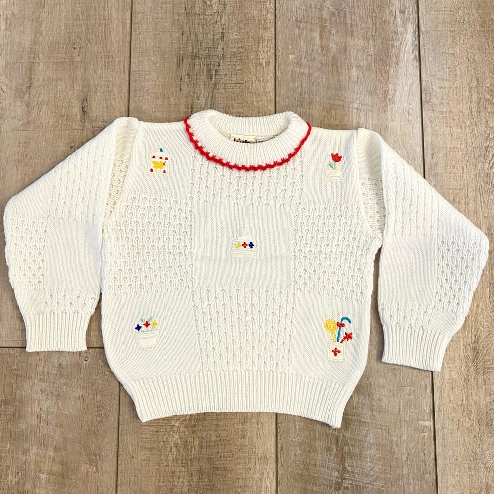 Vintage 80s Knit Sweater with Spring Floral Embroidered Girls 2T